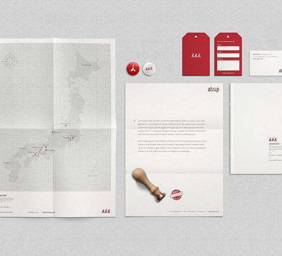 atrip brand essentials - letterhead, bag tag, itinerary, poster, stamp, business card and pins