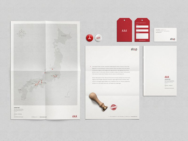 atrip brand essentials - letterhead, bag tag, itinerary, poster, stamp, business card and pins